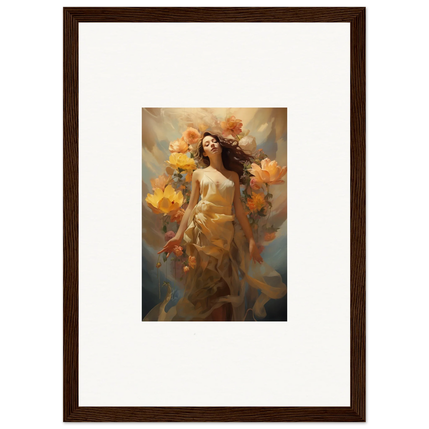 Framed canvas print of a woman amidst autumn leaves for a cozy room decoration