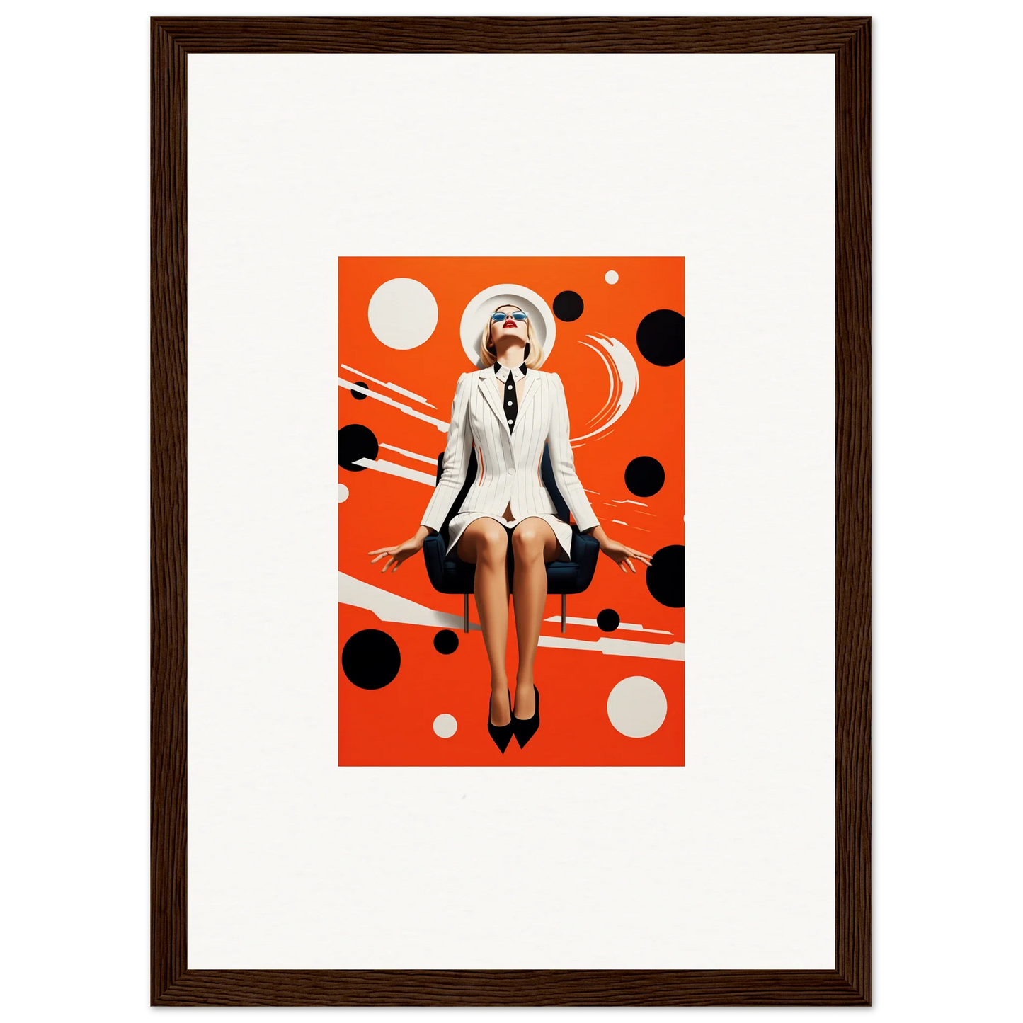 Framed canvas print of a woman in a white suit on orange polka-dot, great for room decoration