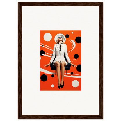 Framed canvas print of a woman in a white suit on orange polka-dot, great for room decoration