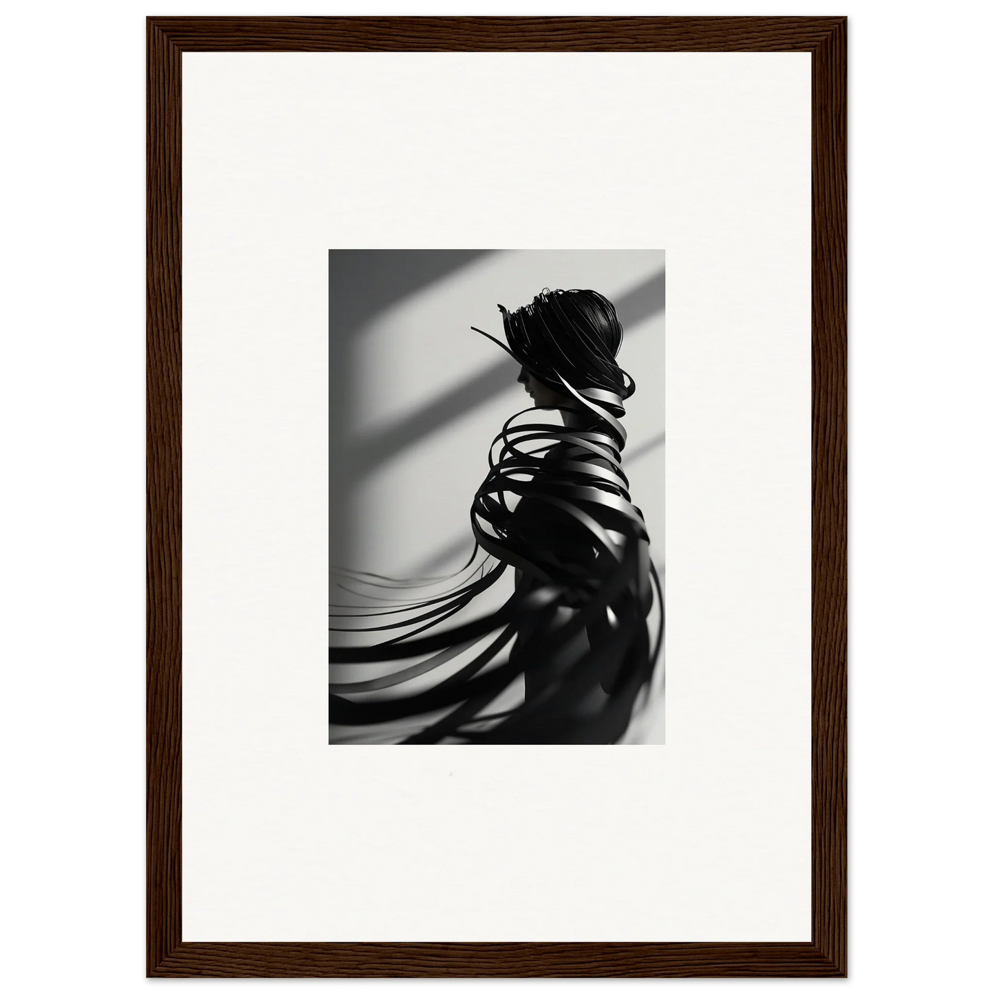 Black and white canvas print of flowing hair, perfect for room decoration with ribbon shares