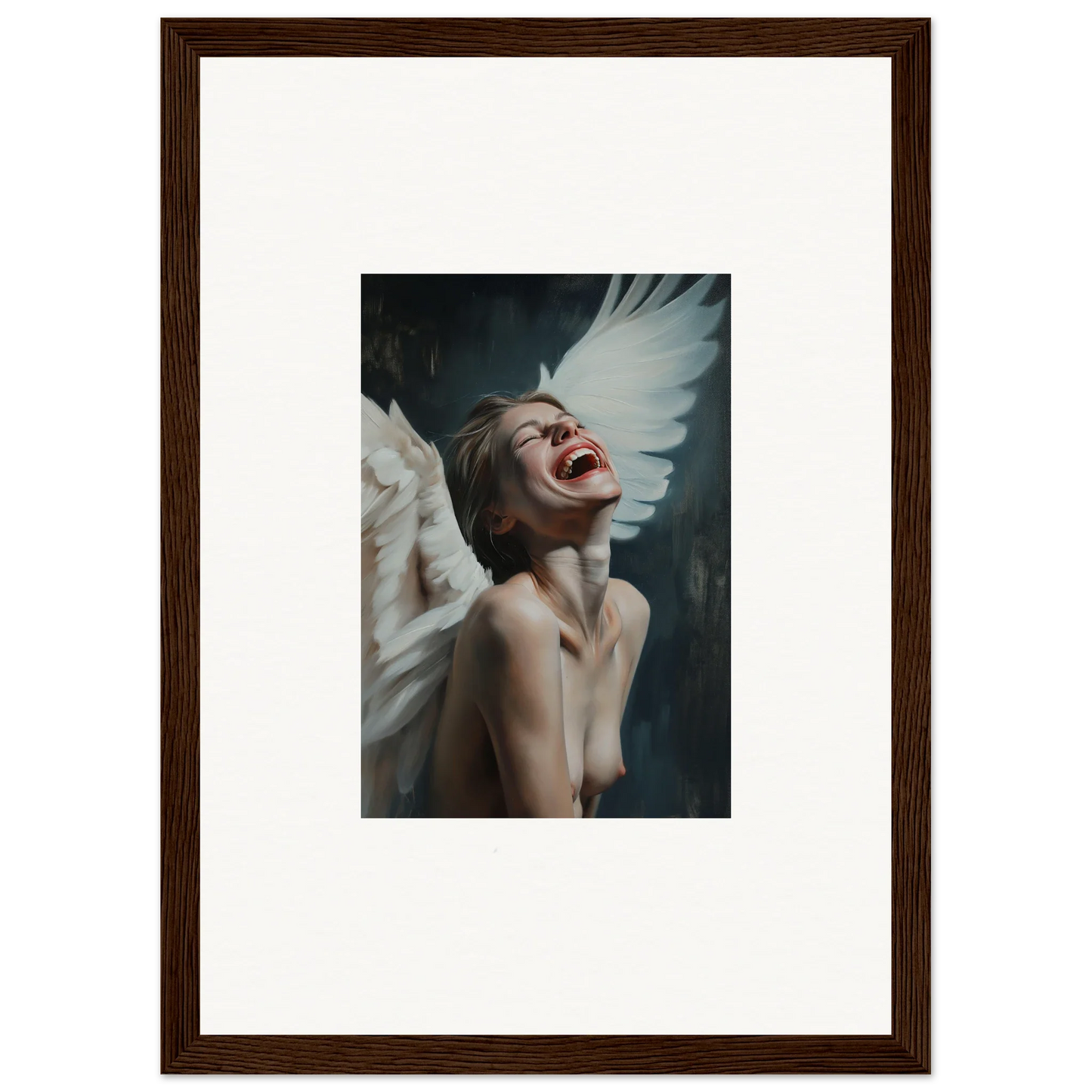 Framed canvas print of Laughing Etheriad with a person and white wings, perfect wall art