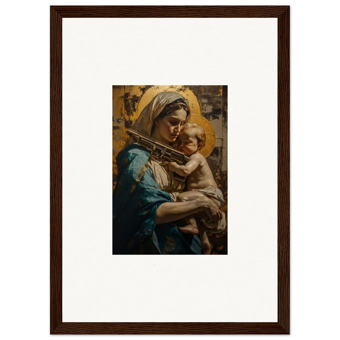 Framed canvas print of a woman and child with golden halos for loving sentinence room decoration