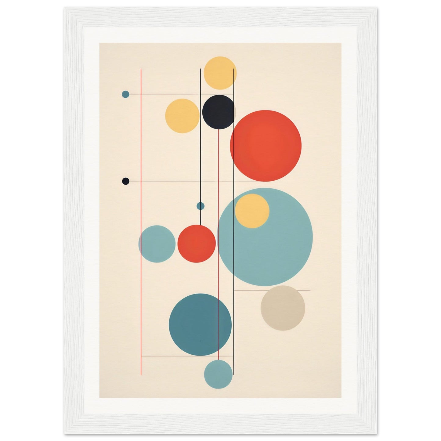 Abstract geometric composition featuring colorful circles and vertical lines.