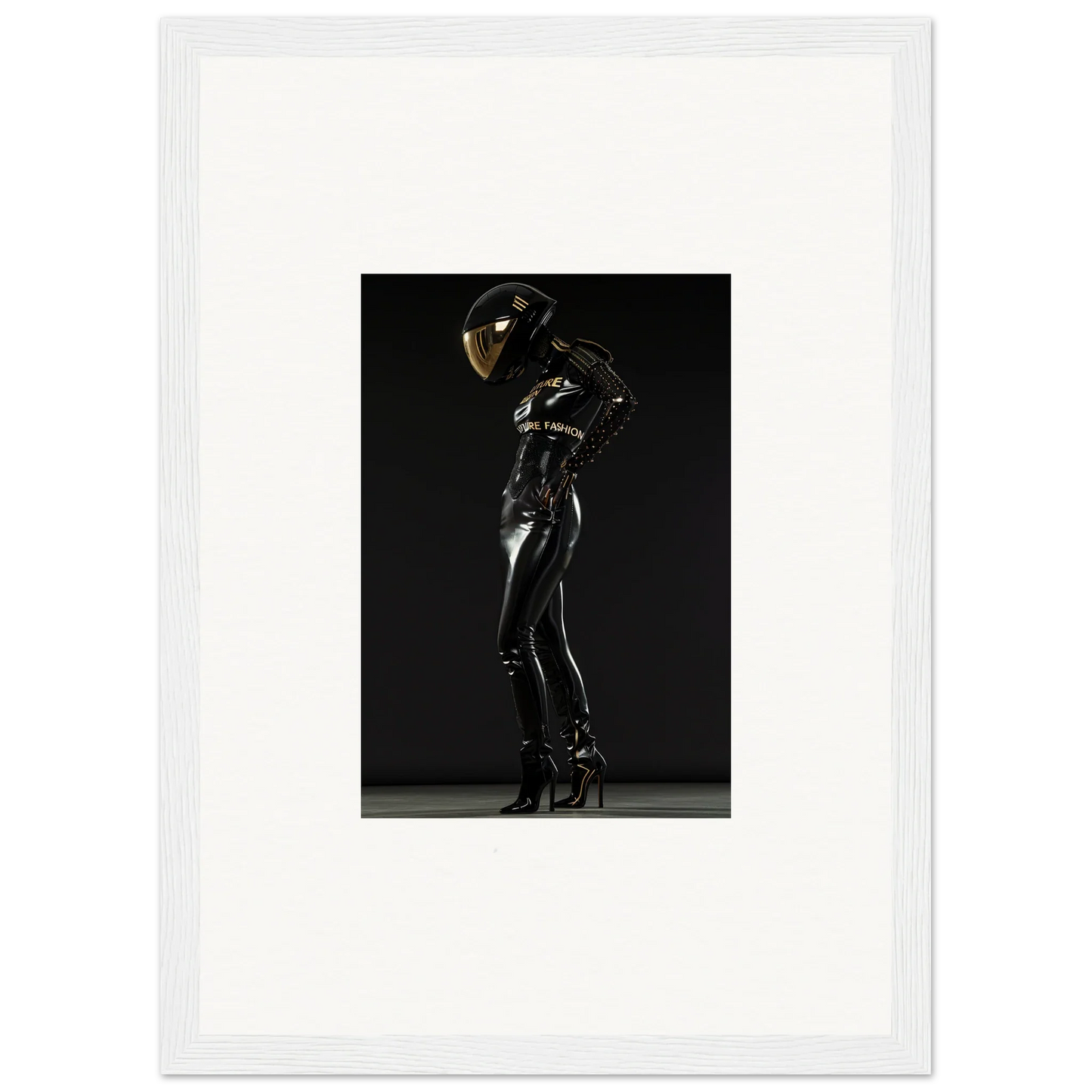 Sleek figure in a shiny black bodysuit and helmet striking a dynamic pose.