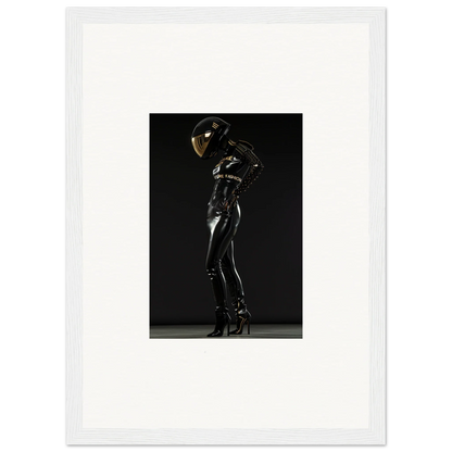 Sleek figure in a shiny black bodysuit and helmet striking a dynamic pose.