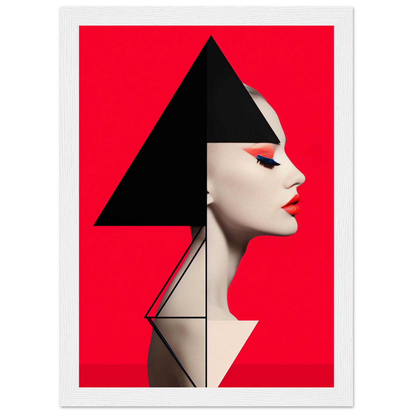 Stylized profile portrait of a woman with geometric shapes and bold red background.