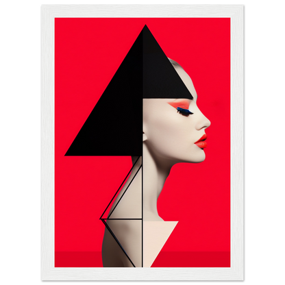 Stylized profile portrait of a woman with geometric shapes and bold red background.