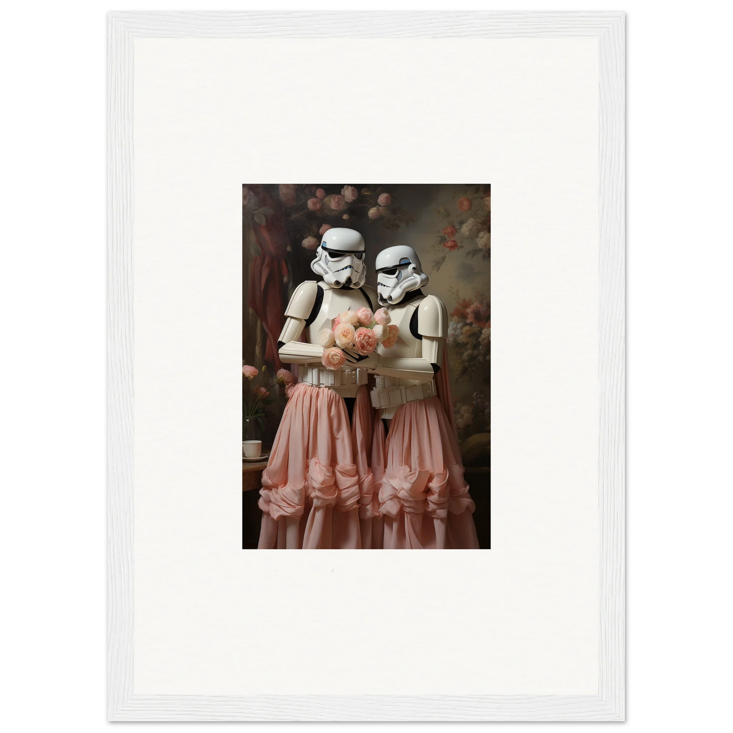 Framed artwork depicting two Stormtroopers wearing pink tulle skirts and holding flowers.