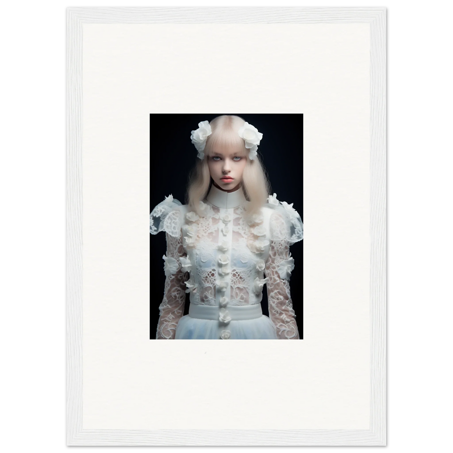 Portrait of a young person wearing an ornate white lace dress and headdress against a dark background.