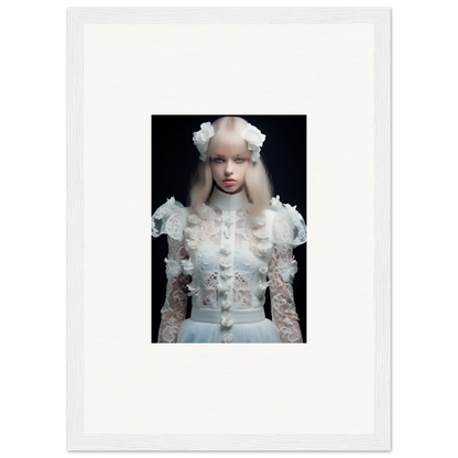 Portrait of a young person wearing an ornate white lace dress and headdress against a dark background.