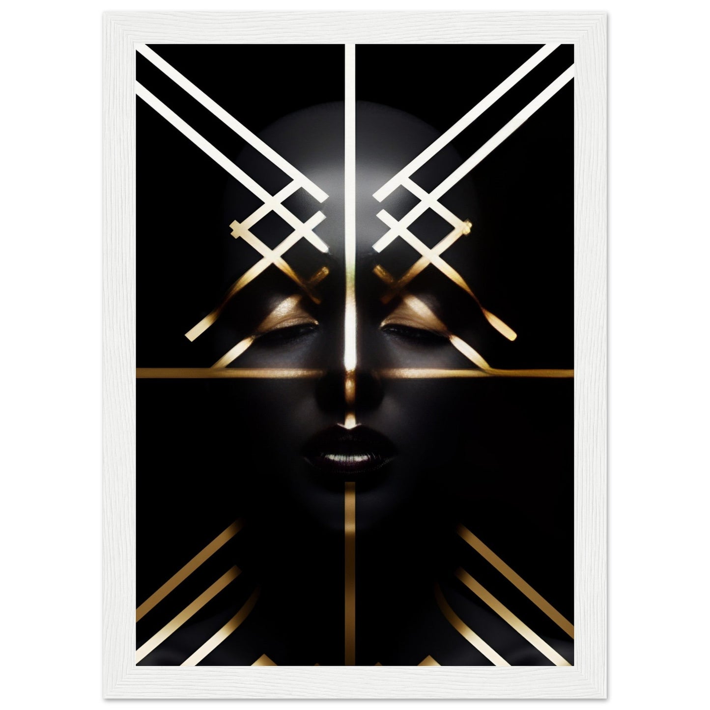 Abstract geometric face composed of glowing white and gold lines against a black background.