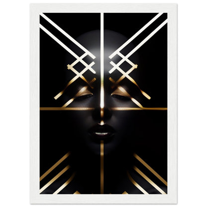 Abstract geometric face composed of glowing white and gold lines against a black background.