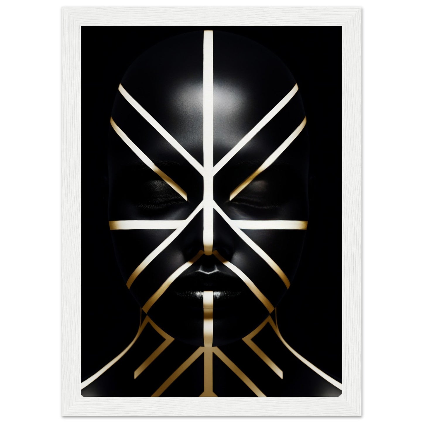 Abstract geometric design resembling a stylized face or mask created with intersecting white and gold lines on a black background.