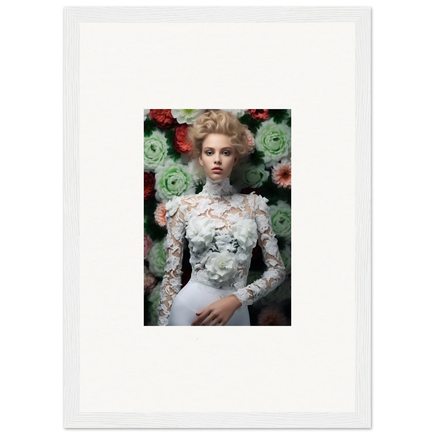 Framed portrait of a woman in an ornate white dress against a floral backdrop.