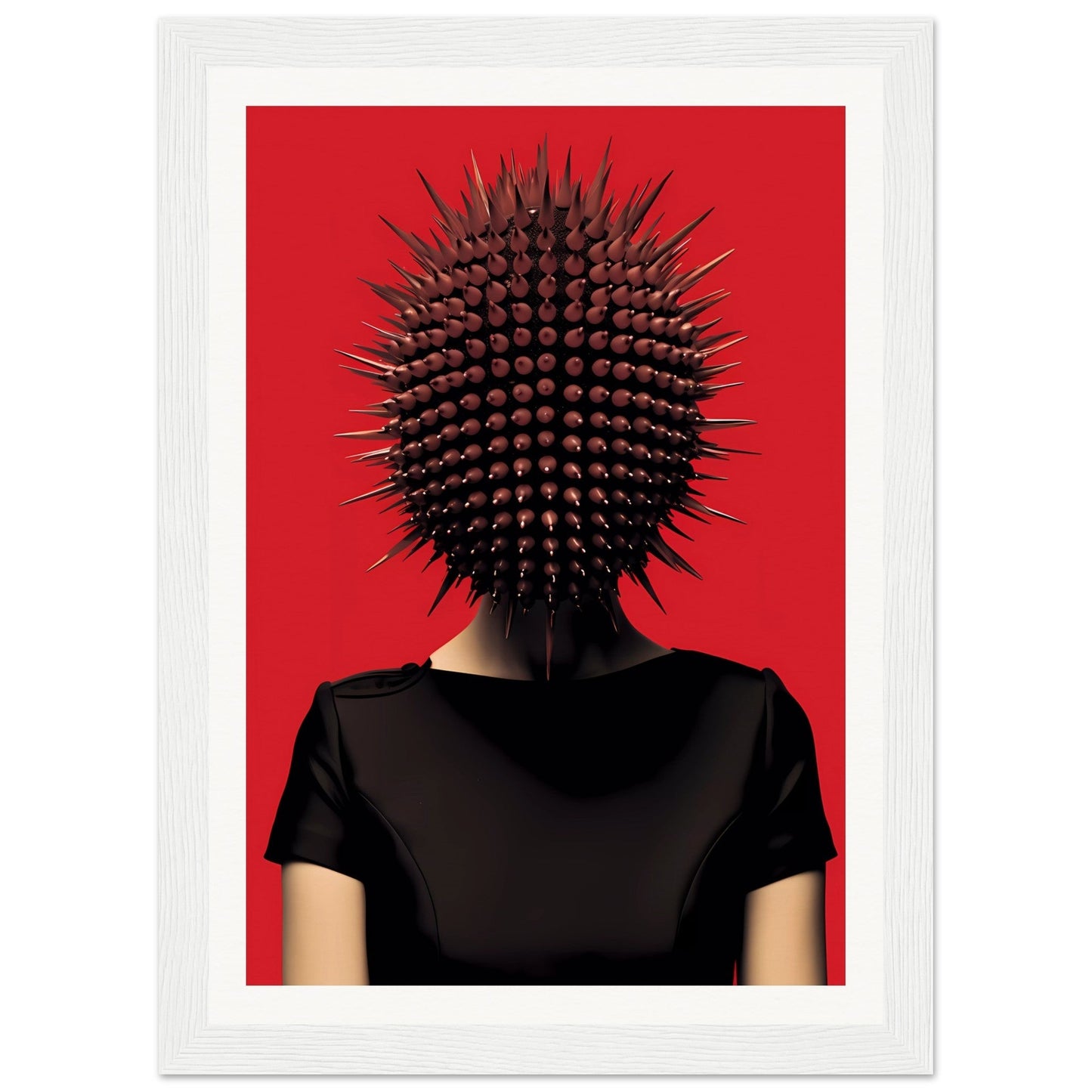 Spiky, spherical headpiece resembling a sea urchin worn by a person in a black shirt against a red background.