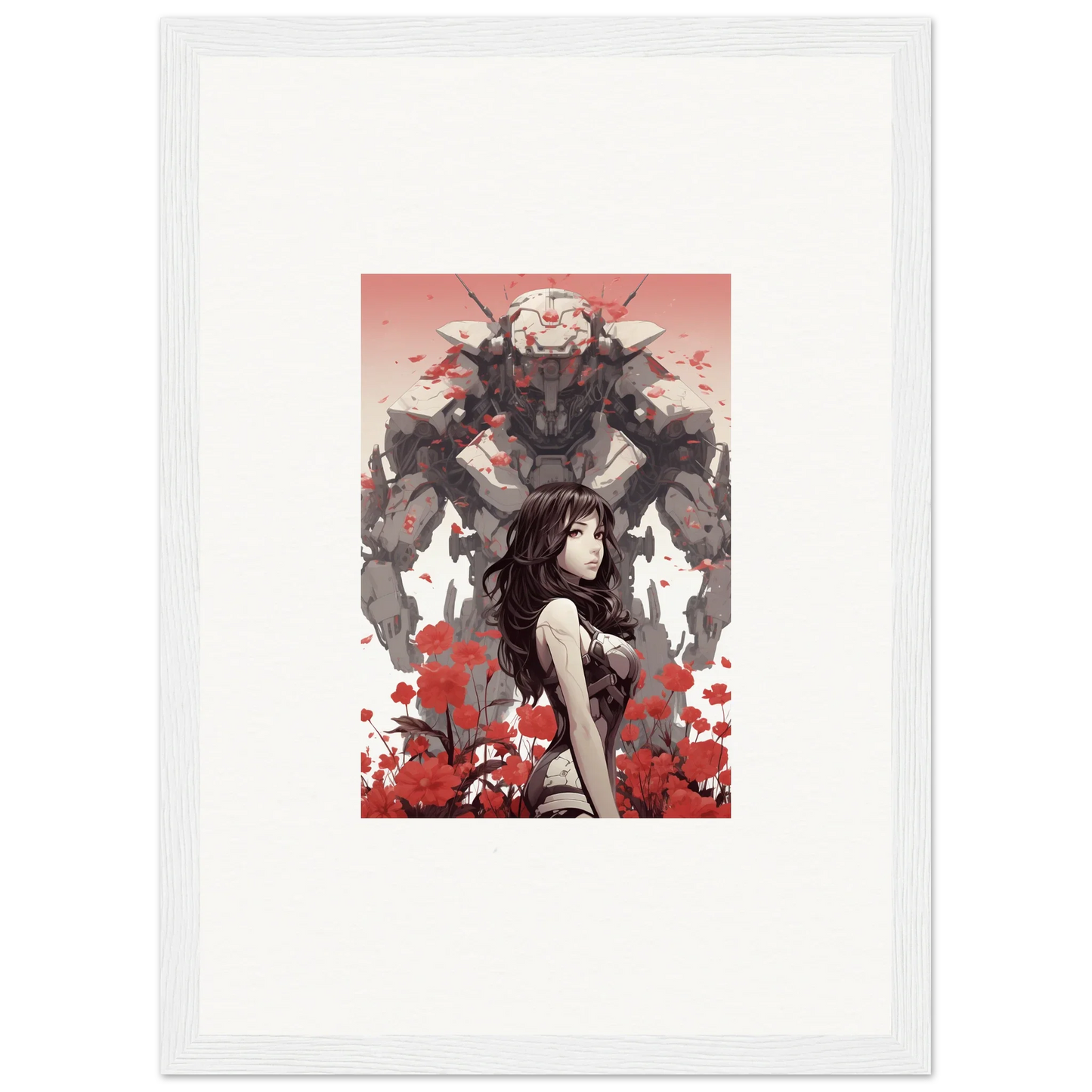 Framed canvas print of a woman with a mechanical creature, perfect wall art for room decoration