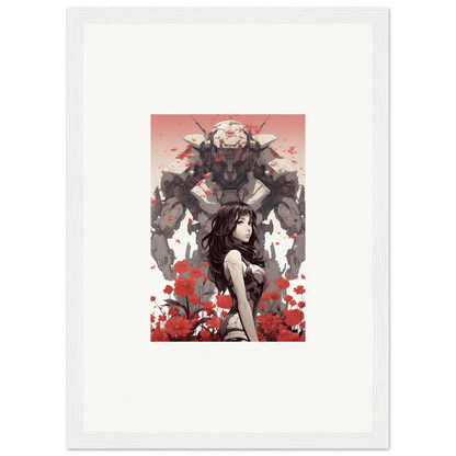 Framed canvas print of a woman with a mechanical creature, perfect wall art for room decoration