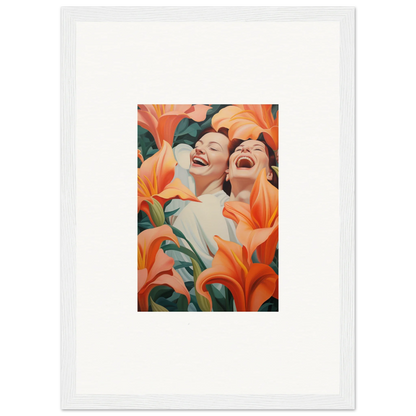 Joyful figures in framed wall art with vibrant orange lilies, perfect for room decoration