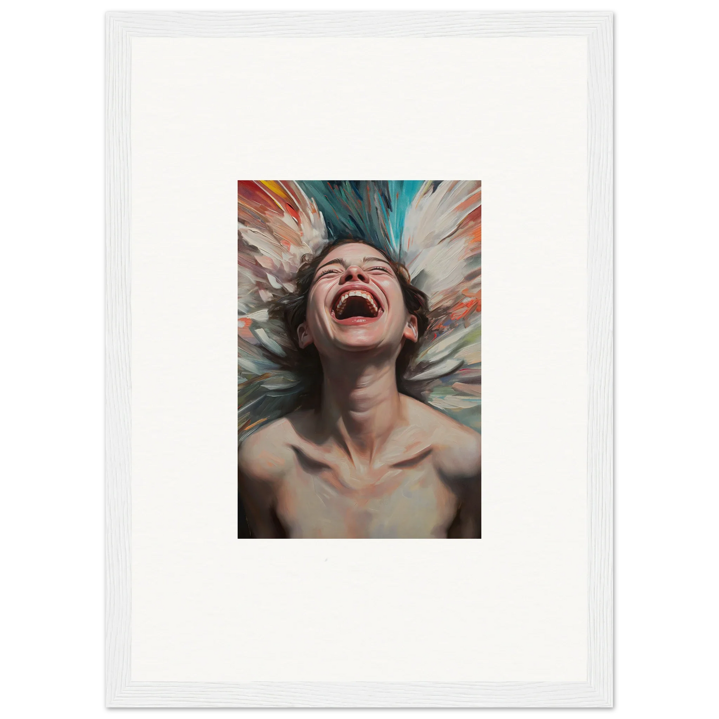 Framed canvas print of a joyful person laughing, perfect for room decoration and aura bloom