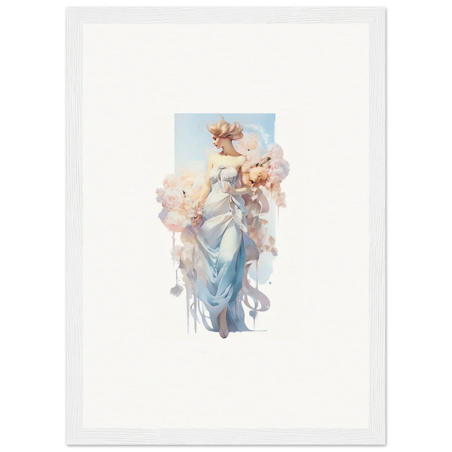 Ethereal watercolor painting of a graceful female figure in blue robes for bouquet waltz room decoration