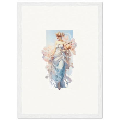 Ethereal watercolor painting of a graceful female figure in blue robes for bouquet waltz room decoration