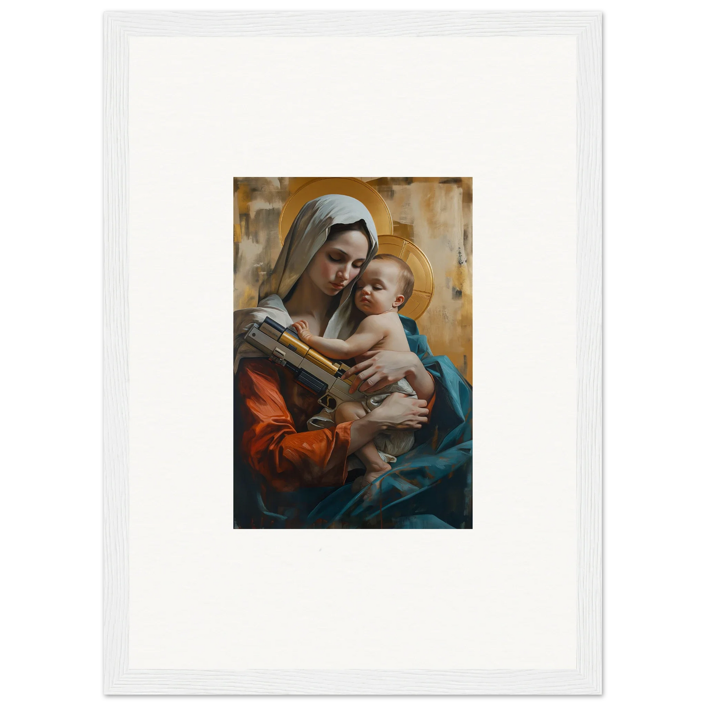 Framed canvas print of a woman holding a baby, perfect for room decoration wall art