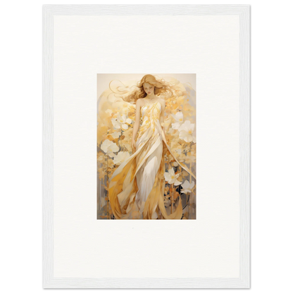 Woman in a golden dress surrounded by flowers in a whispering petals canvas print