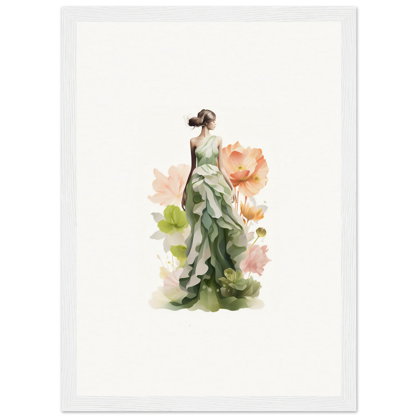 Elegant woman in a green dress in spring symphony floral canvas print for room decoration