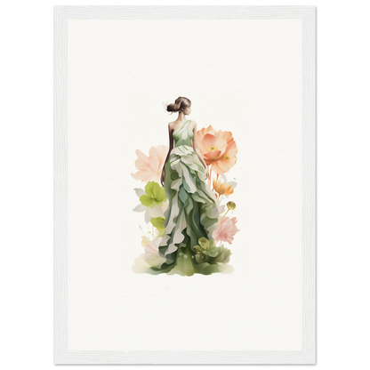 Elegant woman in a green dress in spring symphony floral canvas print for room decoration