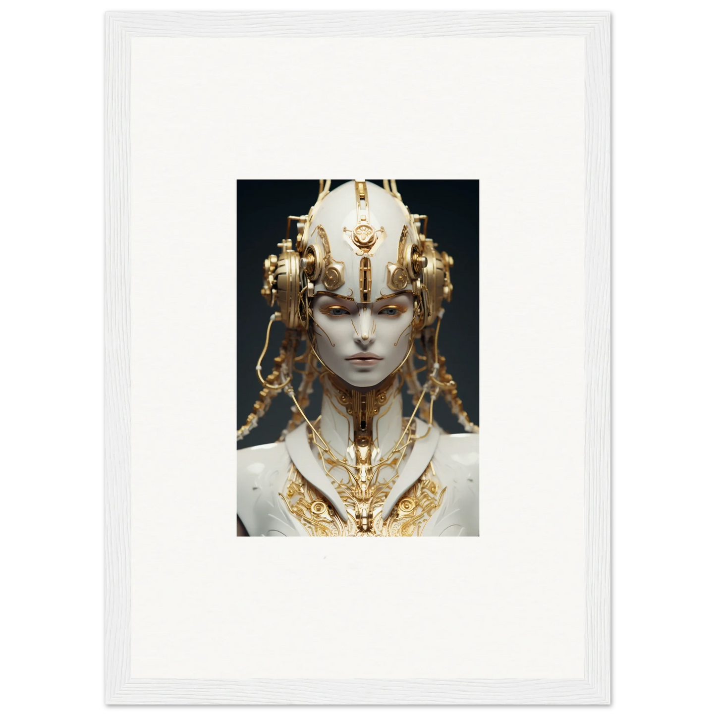 Pale face with ornate golden headdress and jewelry, perfect for Flux Radiance decor