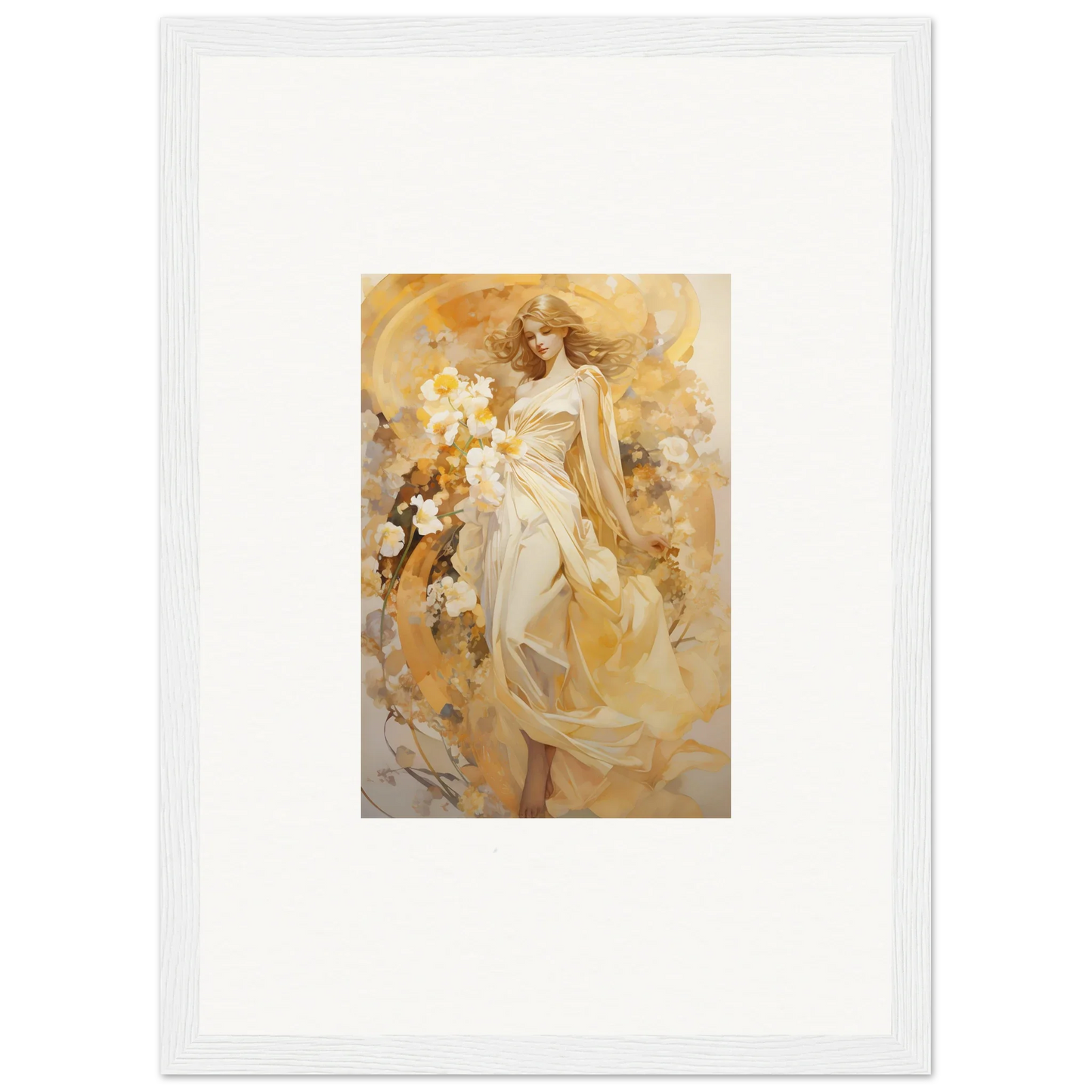 Framed canvas print of a woman in a white dress, perfect for ethereal symphony room decoration