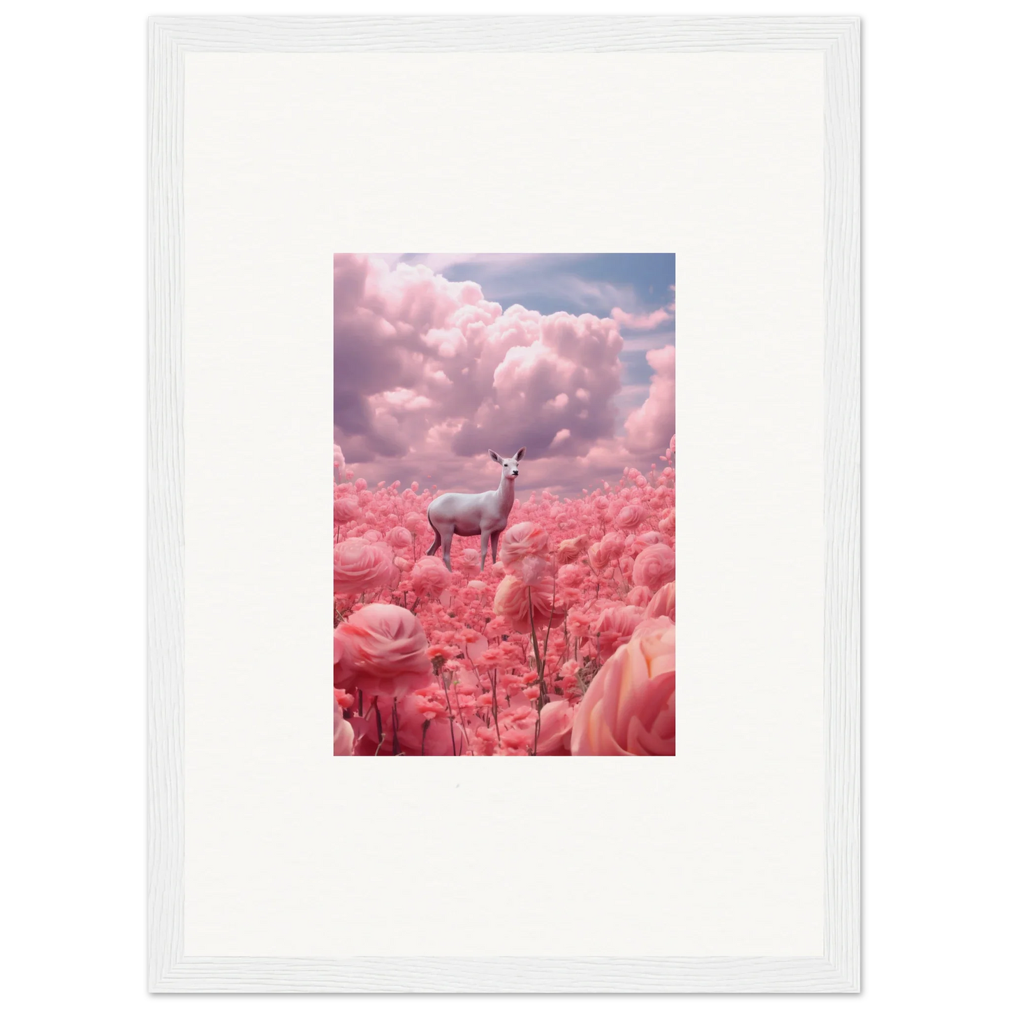 Deer among pink flowers under a cloudy sky, perfect canvas print for room decoration