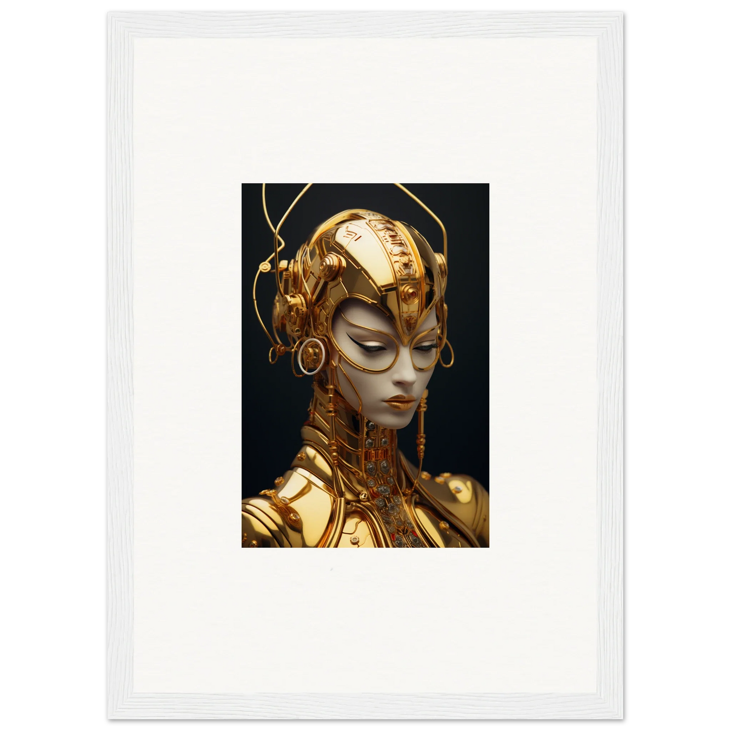 Golden robotic figure with headdress, perfect for Moulin Mystique room decoration canvas print