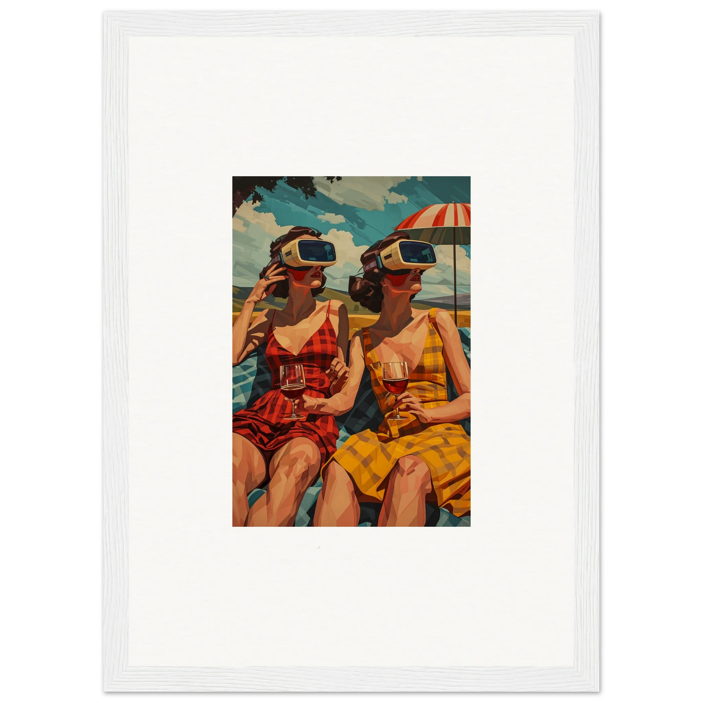 Framed canvas print of two women in swimsuits with VR headsets enjoying morning sunshine