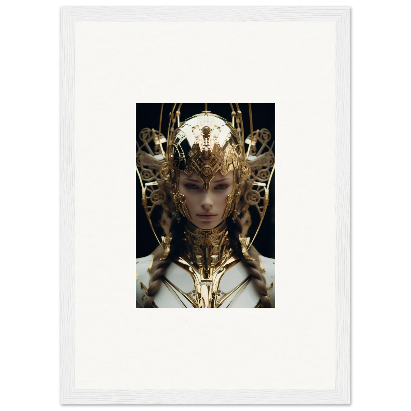 Framed artwork of a golden headdress, part of Future Opulence Rewoven collection