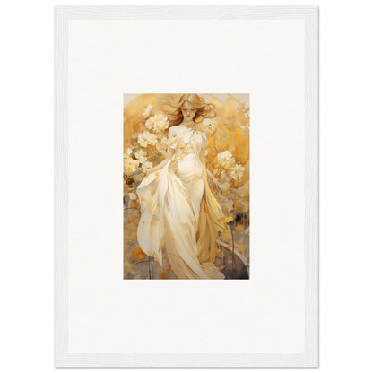 Ethereal woman in white dress among flowers, perfect for your silk dream room decoration