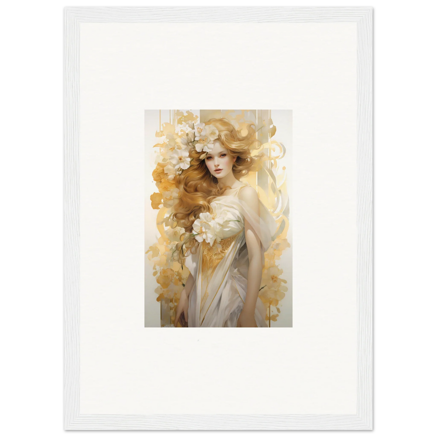 Framed wall art of an ethereal woman with flowers for elegant room decor in Flora Serenade