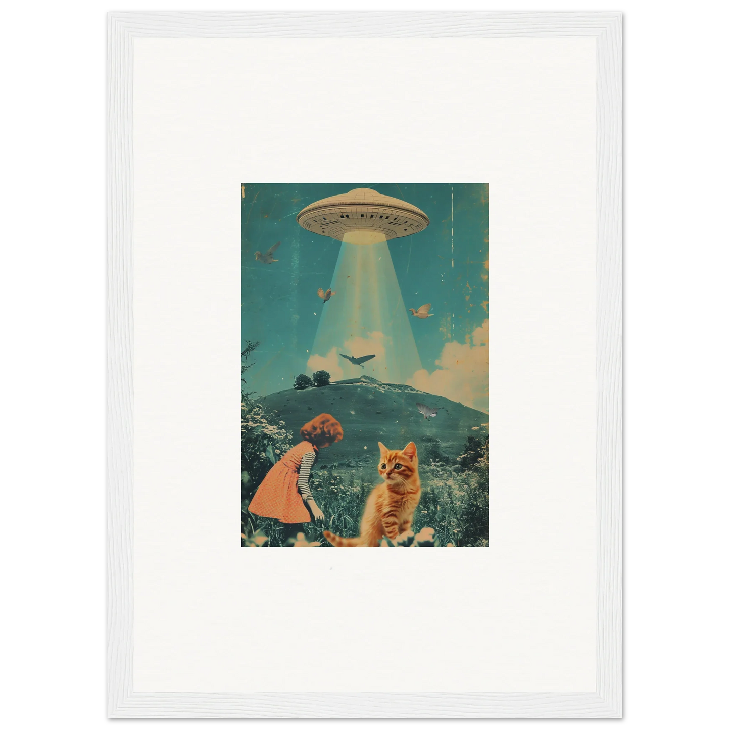 Surreal collage of a UFO, girl, and cat for a unique Soulful Voyaging Moonflex canvas print