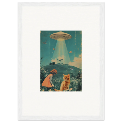 Surreal collage of a UFO, girl, and cat for a unique Soulful Voyaging Moonflex canvas print