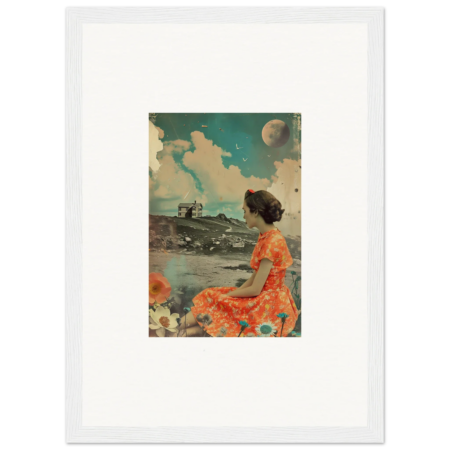 Framed vintage-style canvas print of a woman in orange dress by surreal seascape for color reverie