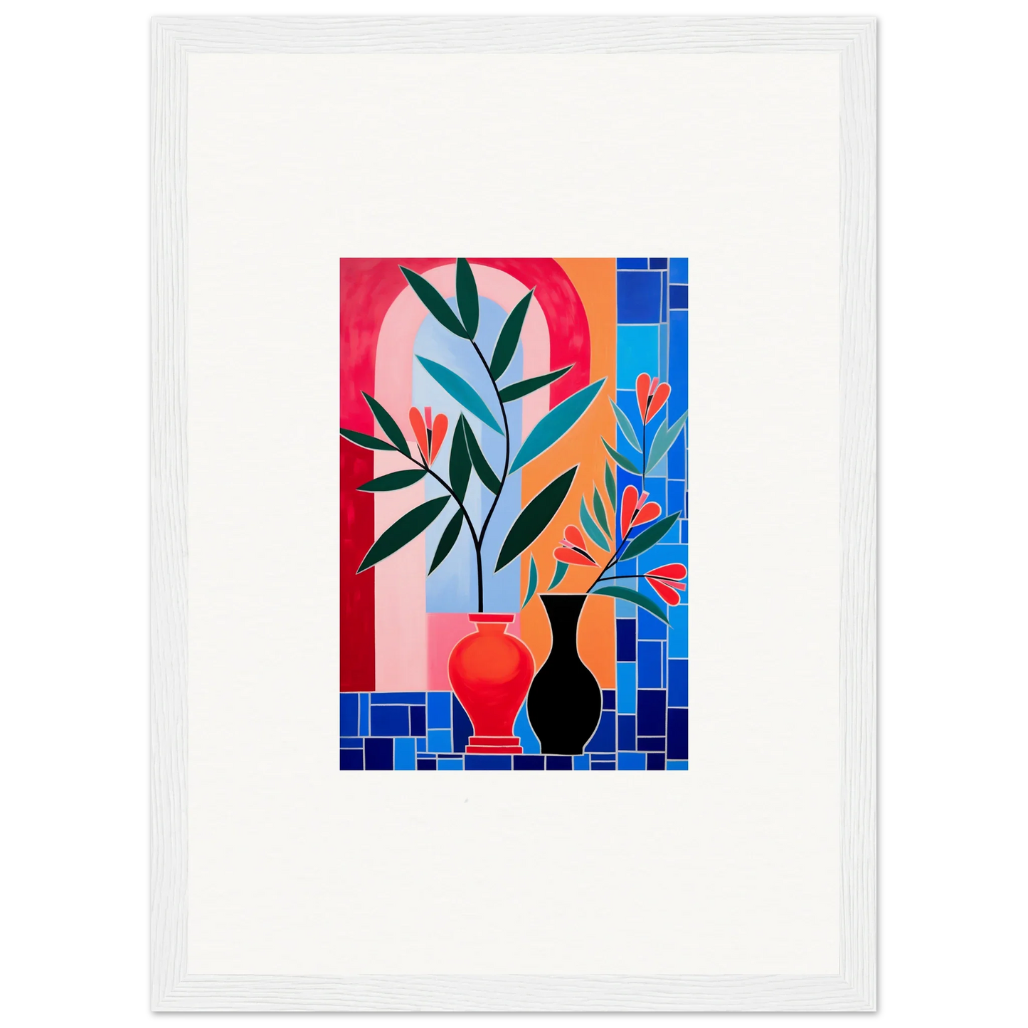 Colorful abstract painting of plants in vases for Ceramic Blooms room decor wall art