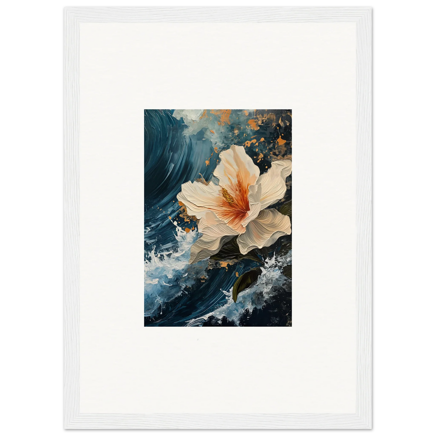 Delicate white hibiscus flower with orange center on a canvas print for room decoration