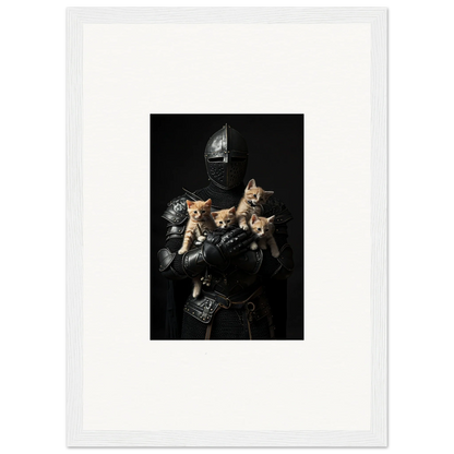 Medieval knight in armor holds three kittens in a cute Feline Bashhut canvas print