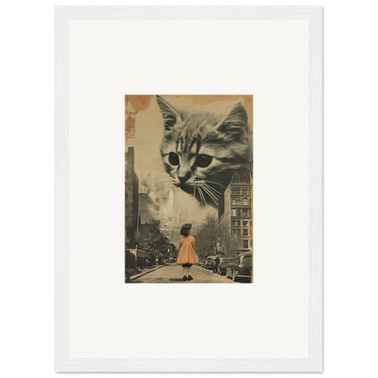 Surreal canvas print of a giant cat over a city street for unique room decoration