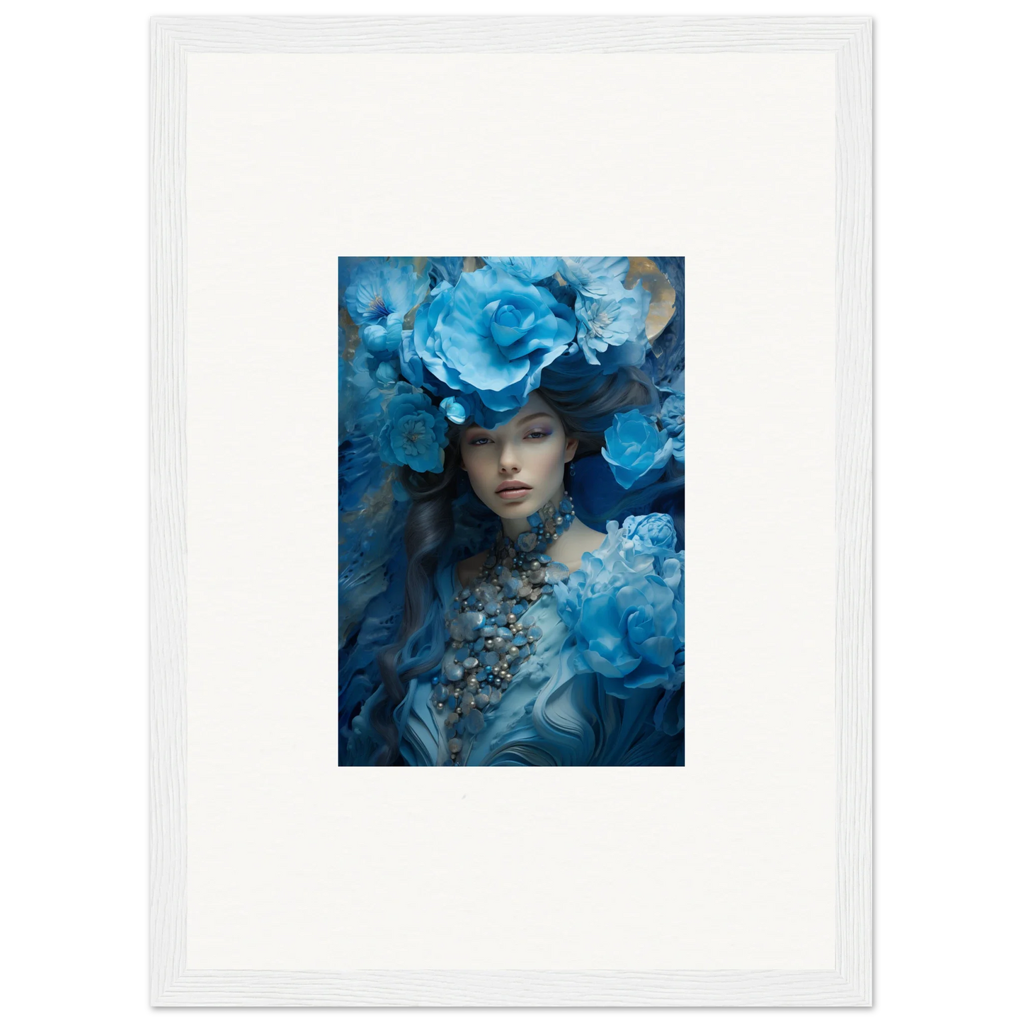 Framed canvas print of a blue symphony figure with floral elements for room decoration