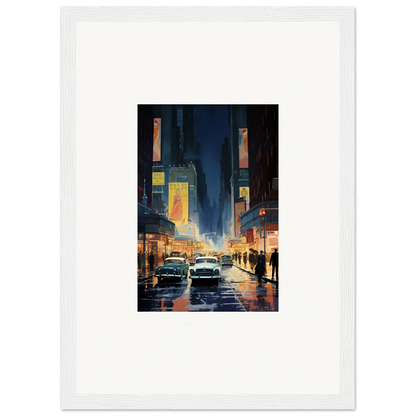 Framed canvas print of a rainy city street at night, perfect for room decoration