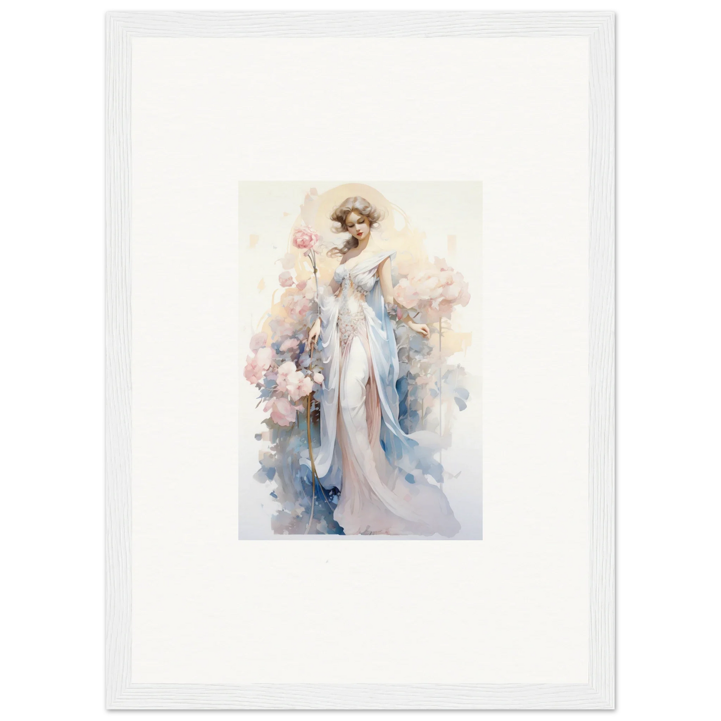 Watercolor of an elegant woman in a blue gown, perfect for room decoration or canvas print