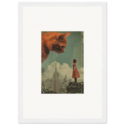 Surrealist collage artwork of a woman in a red dress under an orange giant cloud for room decor