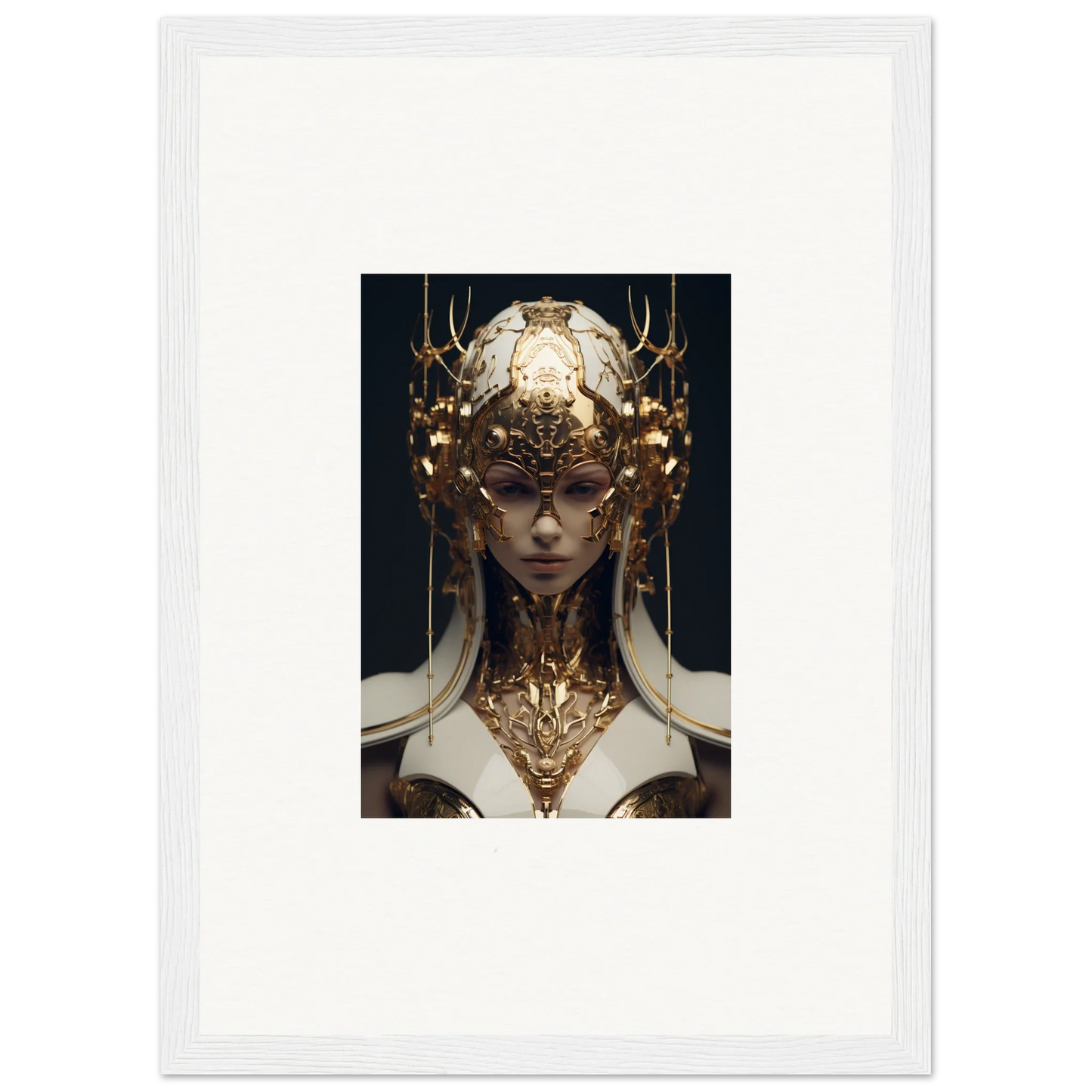 Ornate golden headdress and neck piece on figure, perfect for Ethereal Sovereign room decoration