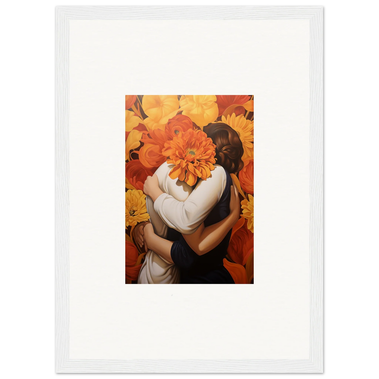 Framed canvas print of euphoria embrace with a bright orange flower in room decoration